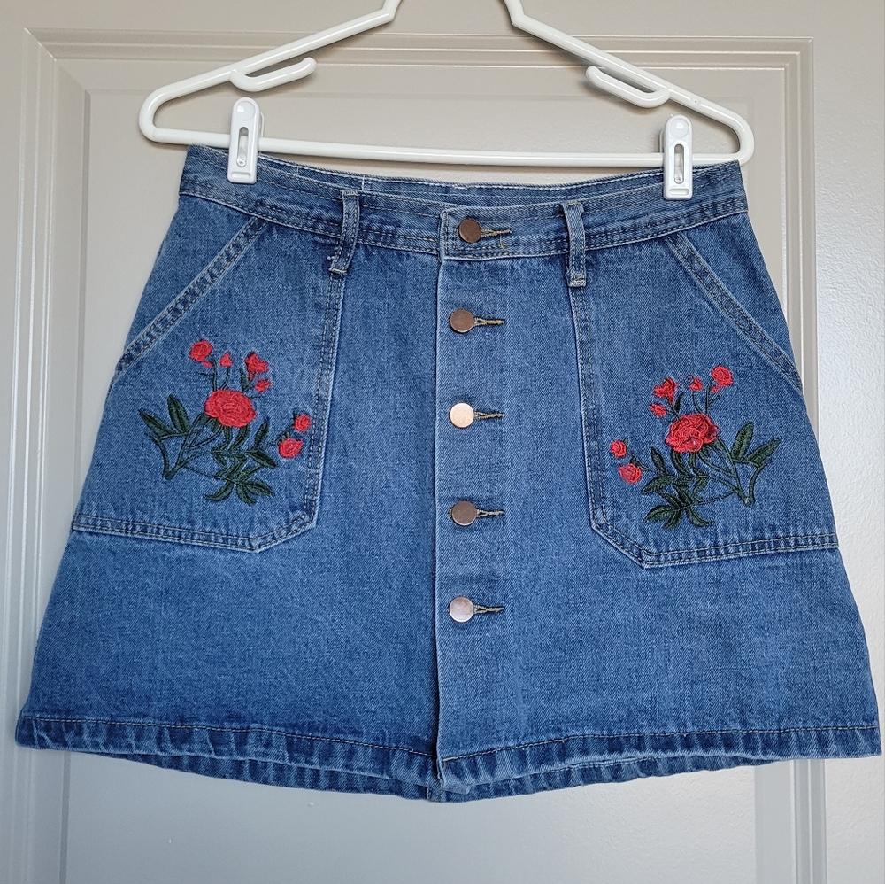 Jean Skirt with Floral Embroidery